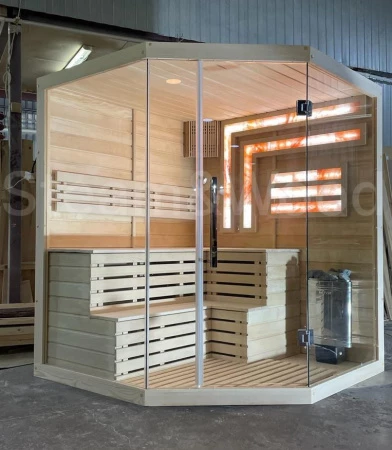 Трехместная угловая финская сауна Luxury из кедра